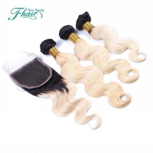 

ombre hair extensions #1b 613 dark roots human hair 3pcs with closure ombre 8a brazilian hair body wave, Black
