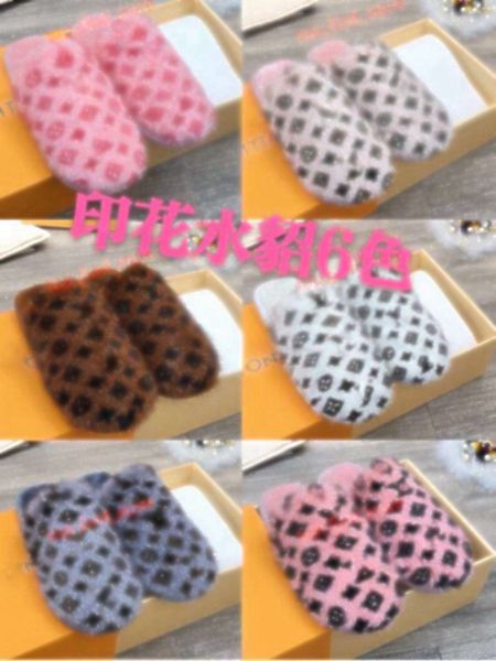 

2021 new women mink slippers causal slippers wool household slippers tian/blooms start print slide sandals indoor beach flip flops 123, Black