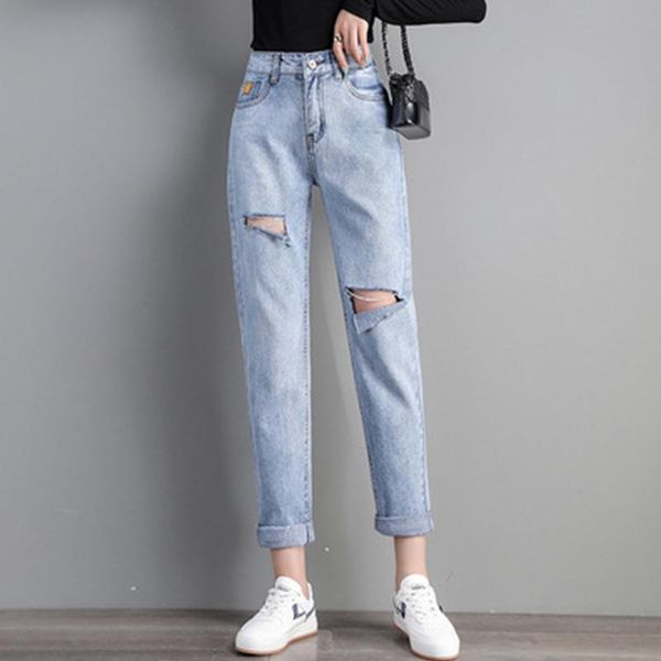 

plus size women jeans straight leg pants high waist trousers korean skinny pants ripped hole stretchy female high fashion, Blue