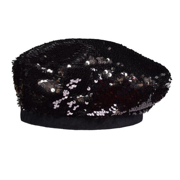 

women sequin flat berets cap paillette silver party ladies double colors shiny vintage painter hat 201026, Blue;gray
