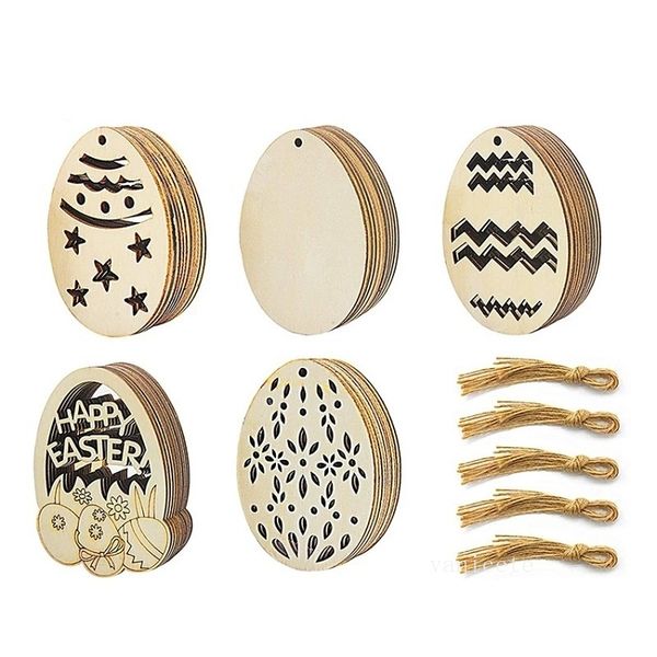 Prodotti in legno Decorazione pasquale Ciondolo uovo Puntelli per feste in famiglia Decorazione domestica Truciolo di legno dipinto a mano per bambini T2I53423