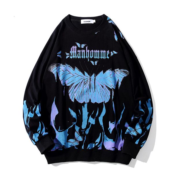 

2021 new butterfly fire flame print sweatshrit men streetwear hip hop casual long sleeve pullover harajuku hipster fashion 08wj, Black