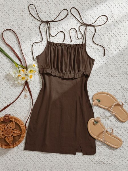 

solid ruched bust cami dress e81y#, Black;gray