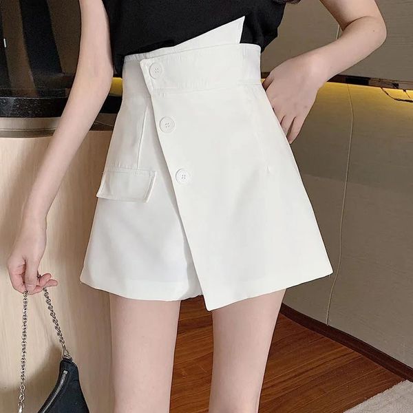 

women's shorts irregular high waist wide leg women summer side button slit for a-line solid fashion chic short feminino, White;black
