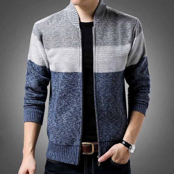 

#1384 sweater cardigan knitwear spliced color sweatercoat autumn winter cardigan for men stand collar warm sweater man zipper, White;black