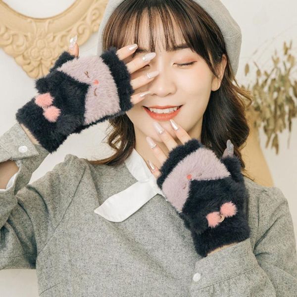 

1 pair women plush flip half finger warm gloves cute deer fingerless furry gloves outdoor windproof thick for children, Blue;gray