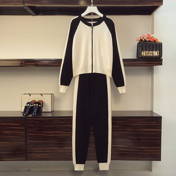 

fashion women's tracksuits 20fw autumn style plus size women's slim knit sweater casual suit trend clothing plus size l-4xl, White