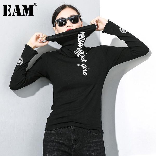 

eam] women black letter printed stitch temperament t-shirt new turtleneck long sleeve fashion tide spring autumn 2020 1z835, White