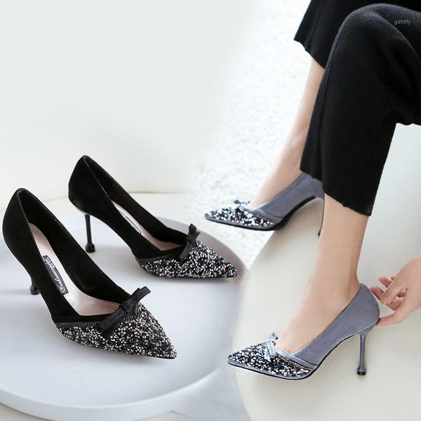 

high heels bow bling pumps women dress shoes pointed toe office work shoes woman glitter party zapatos mujer 78l381, Black