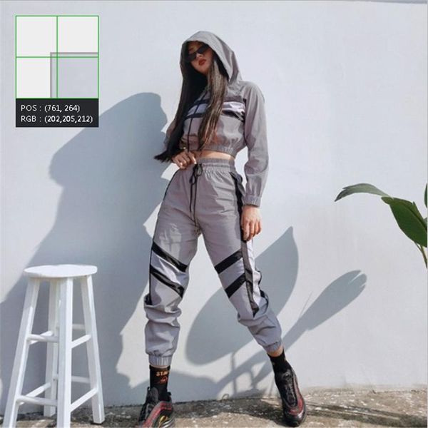 

2020 women 3m reflective 2 piece outfits hooded crop + elastic waist pants tracksuit set, Gray