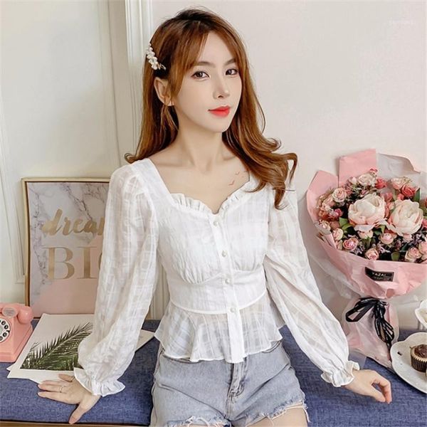 

white blouse chiffon shirt women's long sleeves 2021 autumn new sleeves slim waist french square collar 1