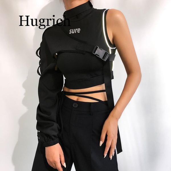 

2020 streetwear neon halter sweatshirt hoodie buckle reflective smock one shoulder women's sweatshirts holographic outwear1, Black