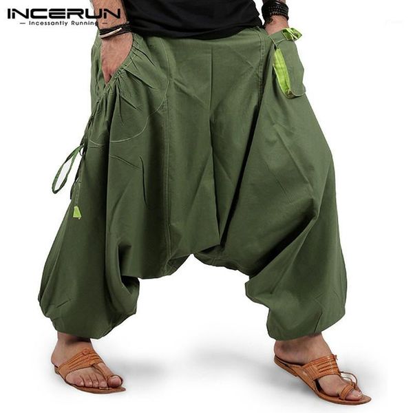 

fashion solid color drop crotch pants incerun men elastic waist harem pants loose pockets trousers man streetwear pantalones 5xl1, Black