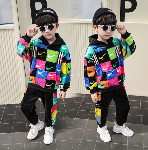 

winter new boys colorful plaid letter casual outfits kids thicken long sleeve hooded jumper+sports pants 2pcs sets kids clothing a4796, White