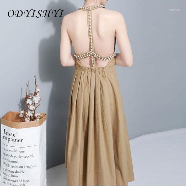 

2020 women summer new dresses hanging neck fashion beaded party dress french elegant backless dresses ladies vestidos bw041, Black;gray