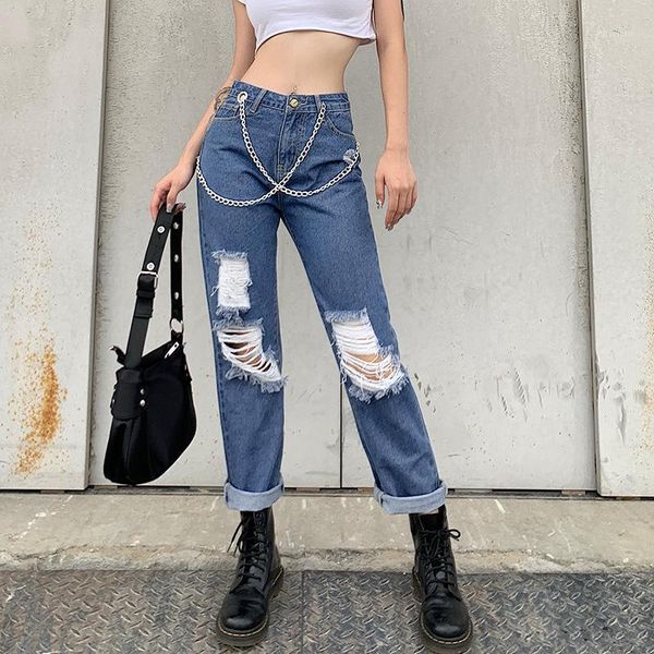 

zcsmll 2020 autumn new women's european and american wind chain hole high waist casual straight jeans1, Blue