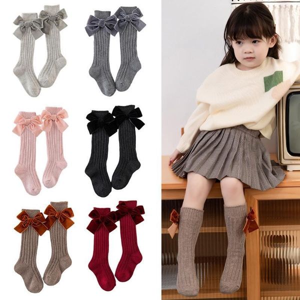 

kids baby girls chunky ribbed knit knee high socks solid color cute velvet bowknot princess cotton warm long stockings1, Black;white