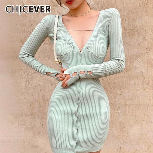 

chicever knitting dress for women v neck long sleeve lace up high waist oversized bodycon mini dresses female 2020 clothing, Black;gray