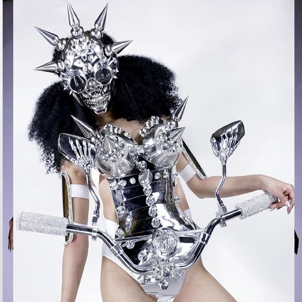 

stage wear nightclub gogo female gold mirror led light metal spiked armor performance girl future technology space dance costume1, Black;red