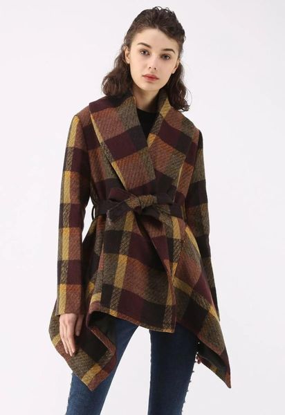 

2021 women's woolen coat autumn and winter ladies tartan material lapel tie european and american new commuter jacket, Tan;black