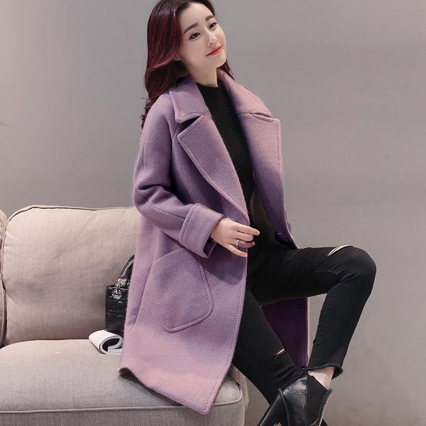 

women's wool & blends office lady solid long woolen winter coats single breasted coat and jacket turn-down collar ladies, Black