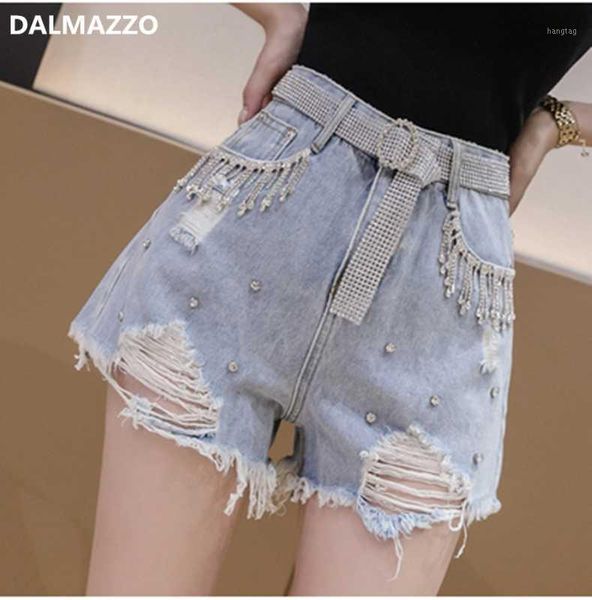 

good quality women push up high waist sashes denim shorts 2020 new summer students tassel hole wide leg jeans shorts pants xxl1, Blue