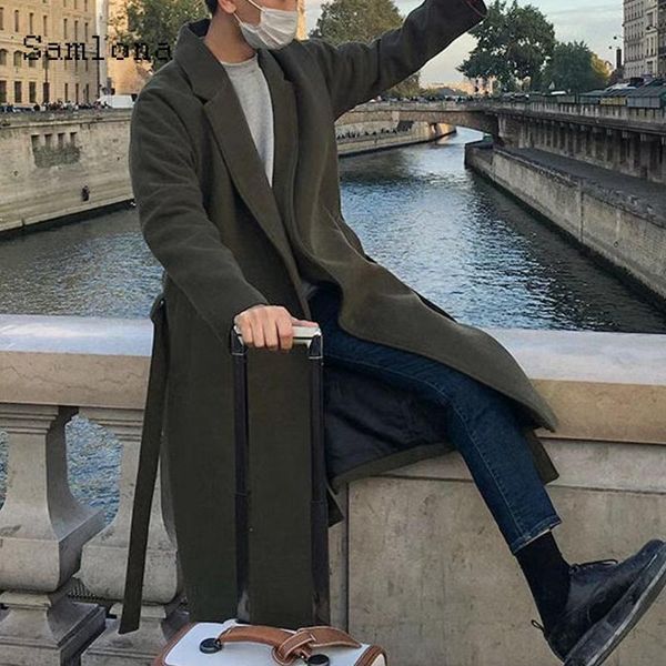 

men's wool & blends 2021 autumn winter long jackets men open stitch coats mens clothing lapel collar manteau tunic outerwear with belt, Black