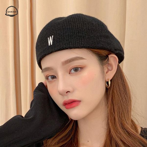 

berets autumn winter literary retro hat knitted beret ladies korean letter embroidery octagonal casual painter women, Blue;gray