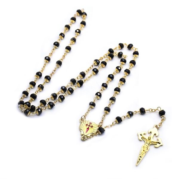 Collana con rosario con croce di Santiago Collana cattolica in cristallo nero con croce in oro Gioielli religiosi