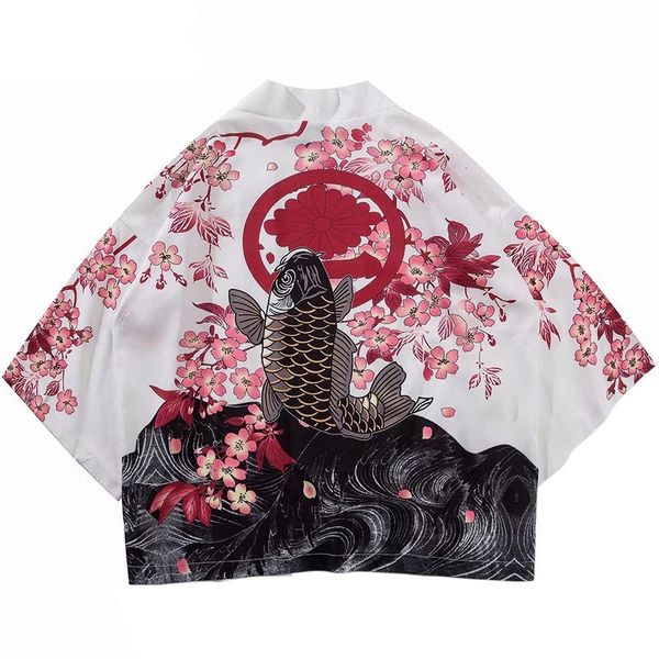 

2021 new japanese jacket koi fish printed harajuku hip hop men japan style summer thin clothes loose kimono three-quarter sleeve duzp, Black;brown