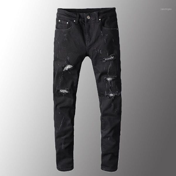 

men luxury men's zebra print crystal black ripped jeans slim skinny holes destroyed stretch denim pants plus size1, Blue