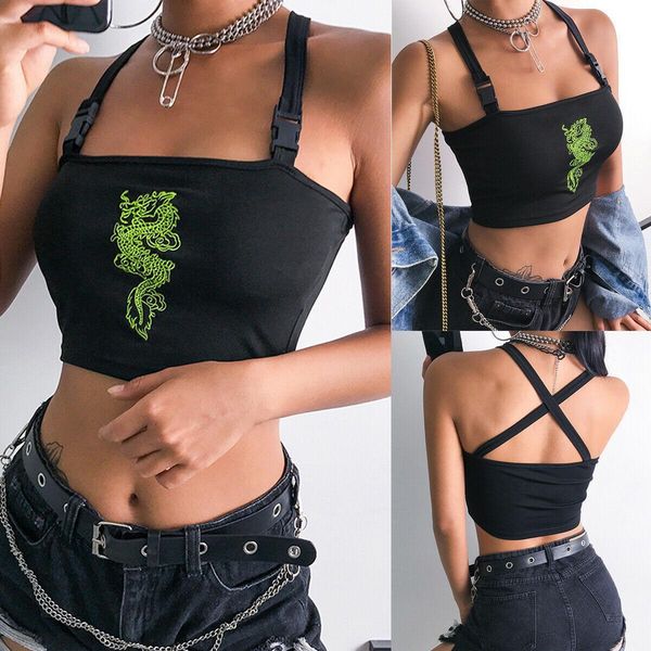 

fashion women summer new design camis buckle vest boob tube crop bralet sheer dragon embroidery stylish cami tank top, White