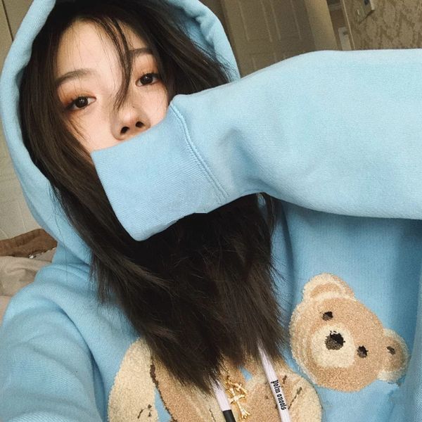 

palm bear velvet hooded sweater, Black