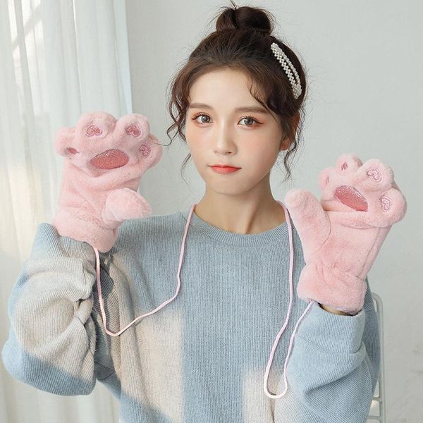 

five fingers gloves cat claw winter cute cartoon girl full finger thick fluffy mittens sa169, Blue;gray