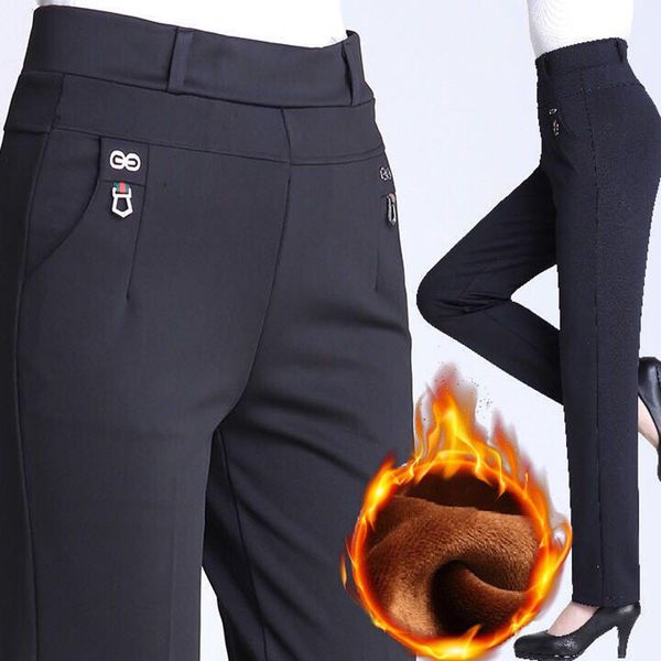 

plus size add velet mom pants solid colors high waist casual women trousers elastic loose straight atumn winter pants lj201130, Black;white