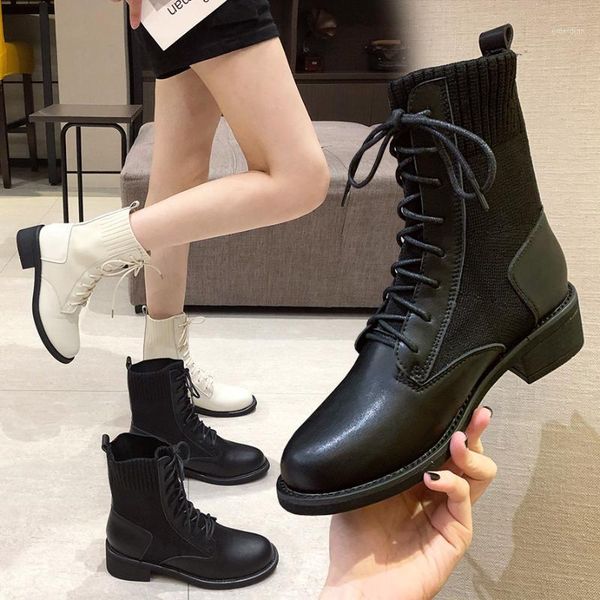 

2020 winter designer women square toe sock boots 4cm high heels stretch fabric ankle boots female knitting plus size shoes1, Black