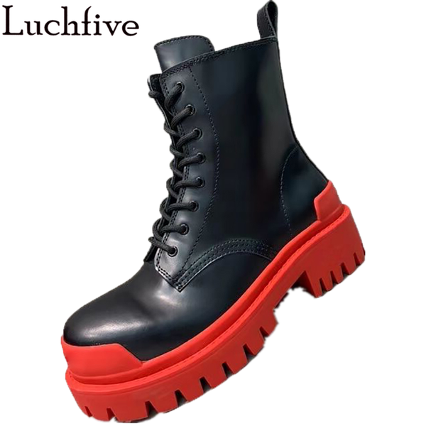 

boots winter laces woman thick sole motorcycle flat shoes black matte genuine leather ankle botas de mujer