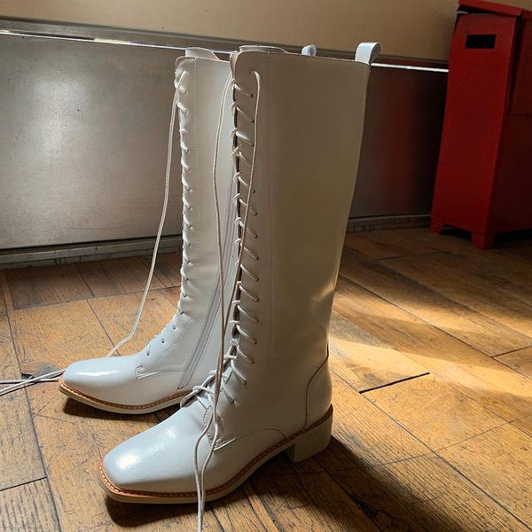 

vintage cross tied knee high boots genuine leather new round toe chunky heels motorcycle boots party basic shoes woman, Black