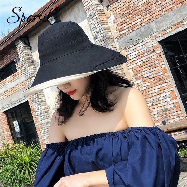 

sparsil women summer wide brim sun hats 2-side foldable sunscreen hat linen crimping brim caps travel beach cap panama with rope y200602, Blue;gray