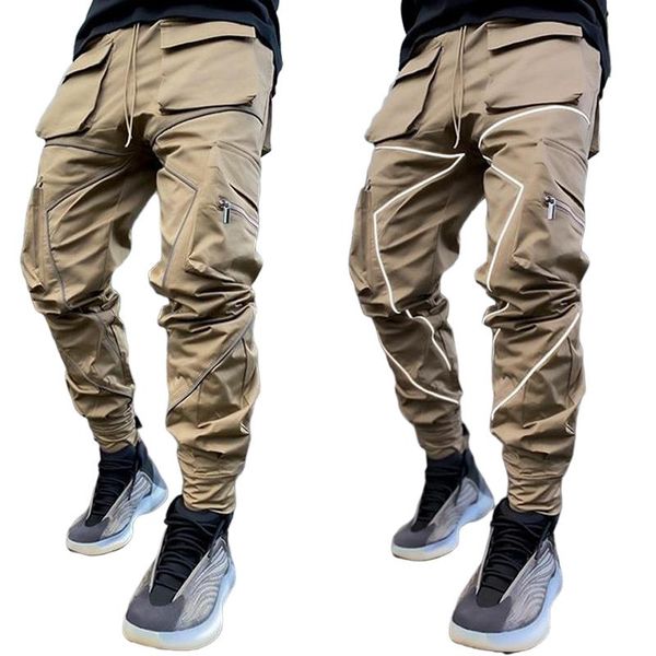 

men's joggers cotton reflective pants zipper multiple pockets men workout cargo tactical sweatpants streetwear casual trousers, Black