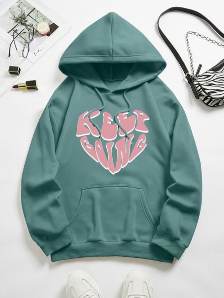 

letter & heart print kangaroo pocket drawstring thermal hoodie 61hl#, White;black