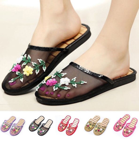 

women chinese mesh floral sequins slippers slides slip on flats flip flop loafers sandals summer breathable 11 colors b204 x1020, Black