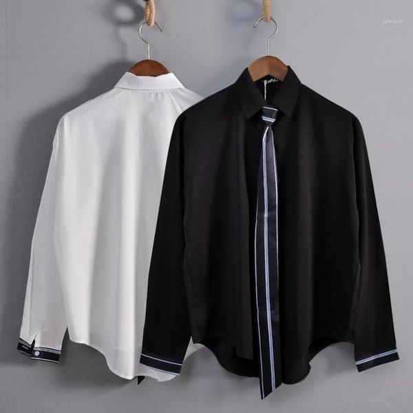 

#1666 white black shirt men long sleeve asymmetrical casual dress shirt with tie preppy style man shirts loose1