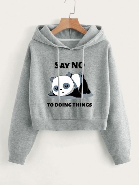 

panda & slogan graphic drop shoulder drawstring thermal lined hoodie d0hz#, White;black
