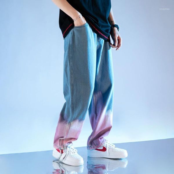 

spring tie-dye jeans men's fashion casual retro wide-leg jeans men streetwear korean loose hip-hop straight denim trousers mens1, Blue