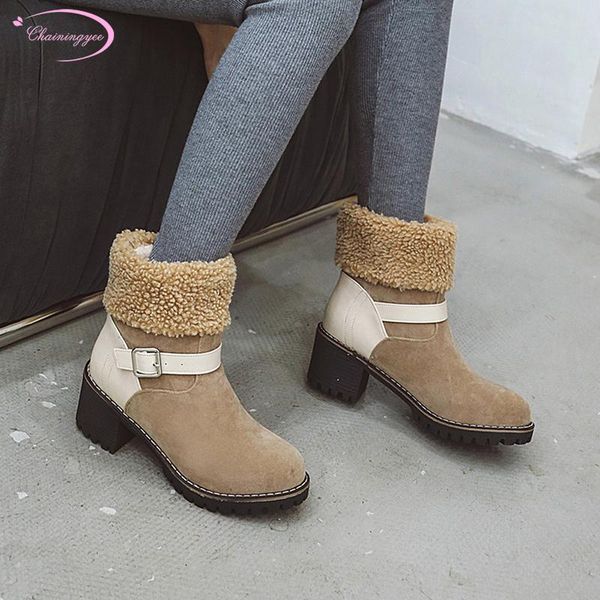 

casual style round toe winter warm snow boots fashion buckle beige yellow black high-heeled chunky ankle boots shoes woman