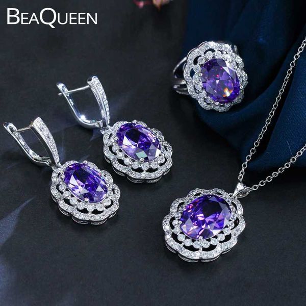 

beaqueen gorgeous large oval purple austrian crystal ring earrings necklace 3pcs cz wedding party jewelry set for women js117, Silver