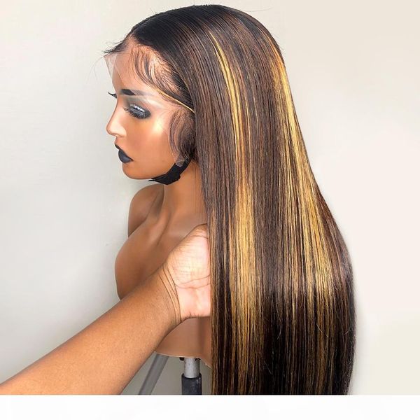 

paff ombre highlight invisible color long straight lace front human hair wigs for women brazilian remy hair full lace wig bleached knots, Black;brown