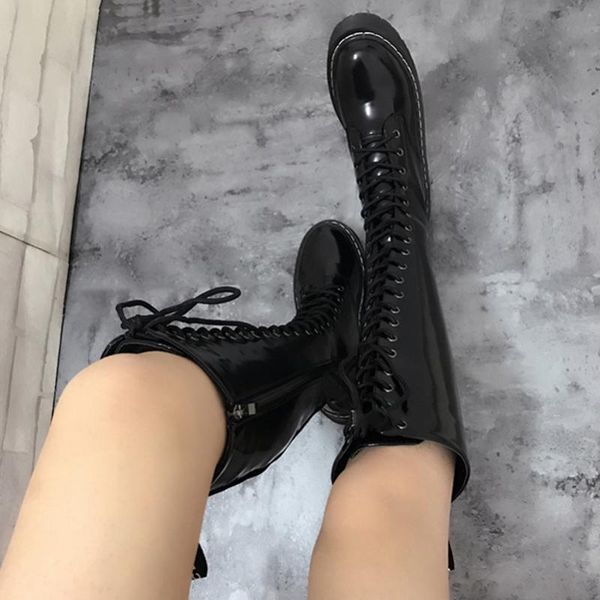 

boots thigh high platform pumps shoes women lace up patent leather knee riding female round toe tall shaft fashion sneakers, Black
