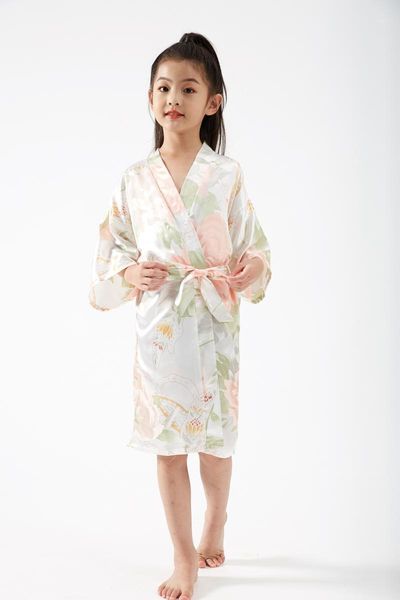 

floral print girl dressing gown children big flower pajamas robe kimono imitation silk nightgown satin nightgown1, Black;red
